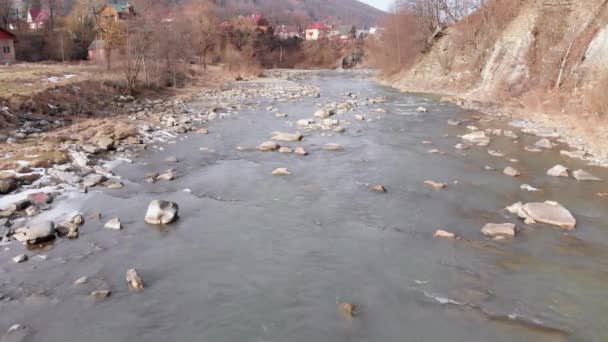 Flying over Wild Mountain River Flowing with Stone Boulders and Rapids — Stockvideo