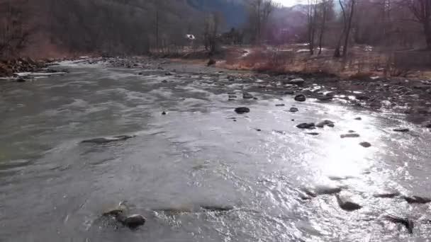 Flying over Wild Mountain River Flowing with Stone Boulders and Rapids — Stock video