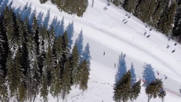 Flygfoto av skidåkare åker ner för skidbackar nära skidliftar på skidorten. Bukovel — Stockvideo