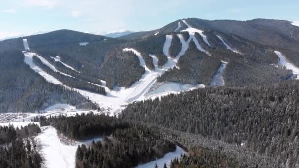 Piste da sci aeree con sciatori e impianti di risalita sulla stazione sciistica. Foresta montana innevata — Video Stock