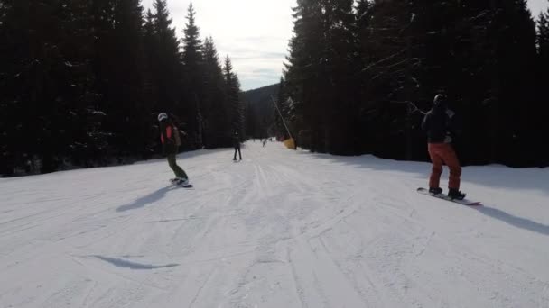 Άποψη πρώτου προσώπου για σκιέρ και snowboarders σύρετε κάτω στο Ski Slope στο Χιονοδρομικό Κέντρο — Αρχείο Βίντεο