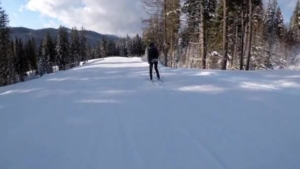 POV Beginner Girl on Skis and Amateur Skiers Slide Down on Ski Slope at Ski Resort — Videoclip de stoc