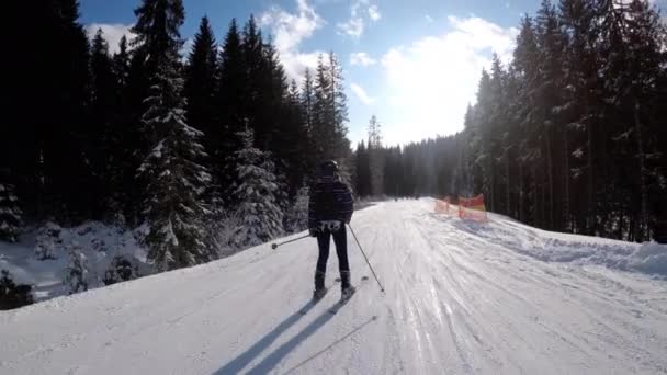 POV Beginner Girl on Skis and Amateur Skiers Slide Down on Ski Slope at Ski Resort — Videoclip de stoc