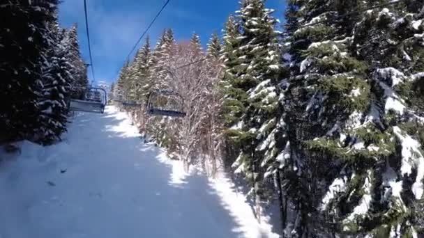 Pov van Ski stoeltjeslift tussen dennenbos en skiërs Stijgen op de kabelbaan — Stockvideo