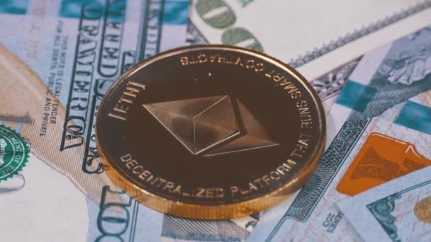 Gold Ethereum Coin, ETH and Bills of Dollars are Rotating — Stock Video