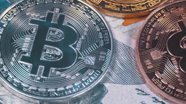 Bitcoin dengan Cryptocurrency Litecoin, Ethereum, Dash Coins, dan Bills of Dollars yang berbeda berputar — Stok Video