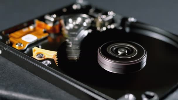 Opened Hard Disk Drive with Spinning Platter. Move of Writing Magnetic Head — Stock Video