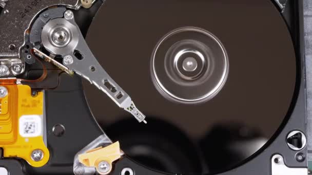 Unidad de disco duro dentro. Estructura de HDD, bandeja giratoria. Mover la cabeza magnética — Vídeos de Stock