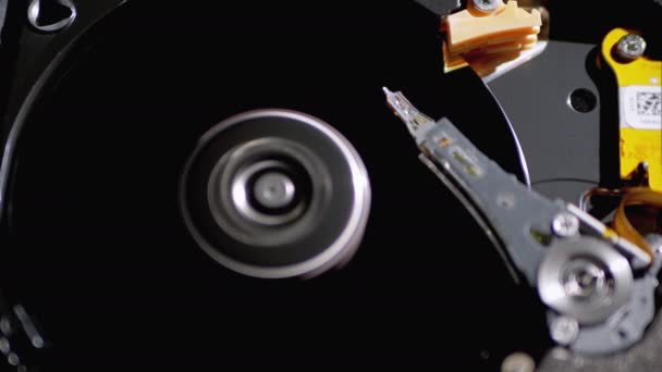 Opened Hard Disk Drive with Spinning Platter. Move of Writing Magnetic Head — Stock Video