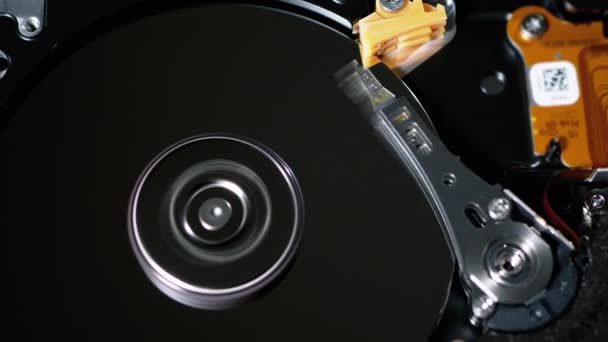 Harde schijf naar binnen. Structuur van HDD, Spinning Platter. Beweeg magnetische kop — Stockvideo