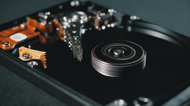 Hard Disk Sürücüsü Döndürme Tabağı ile açıldı. Manyetik Başlığın Yazılmasının Hareketi — Stok video