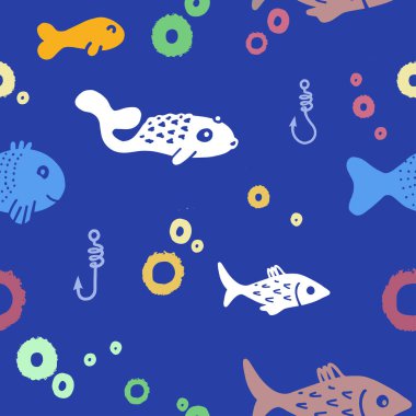 Güzel balık deseni. Vektörsüz desen tasarımı. Mavi arka planda el çizimi şirin balık kancası ve baloncuklar var..
