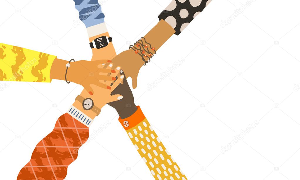 Holding of diverse group hands circle of people putting together.  Cooperation, unity, togetherness, partnership, agreement, teamwork social community concept. Cartoon illustration landing page design