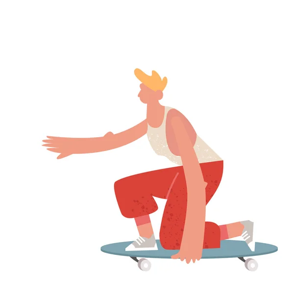 スケートボードに乗っている若い男の子のスケートボーダー デザインランディングページの白い背景に漫画のキャラクター フラットモダンなベクトルイラスト — ストックベクタ