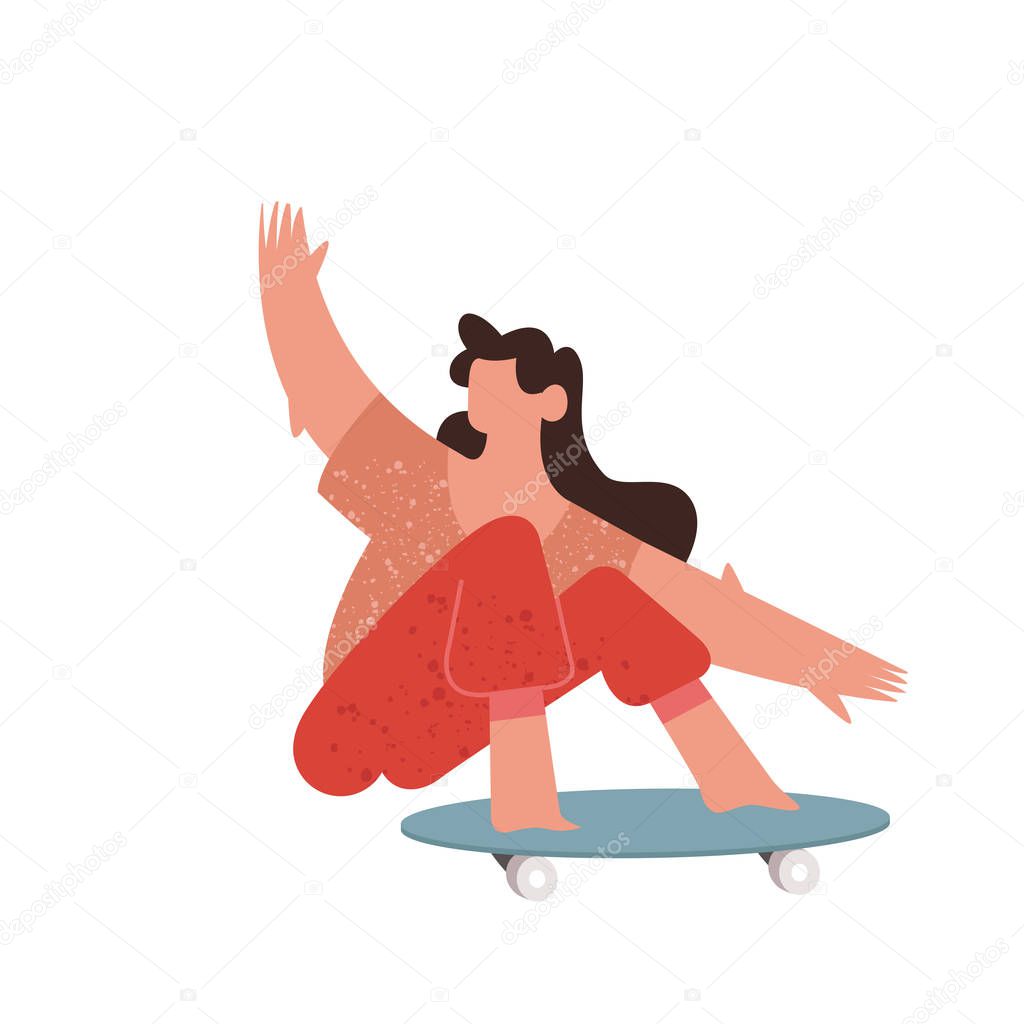 Young women girl skateboarder riding a skate board. Cartoon character on white background for design landing page. Flat modern vector illustration