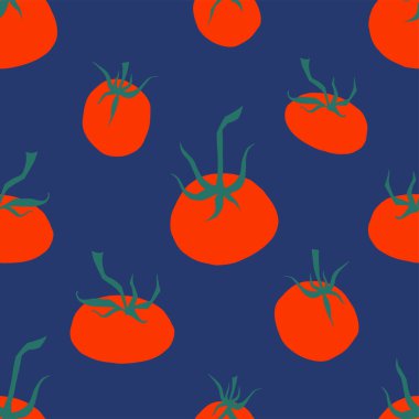 Domates pürüzsüz desen. Yapraklı olgun domatesler ve parlak mavi arka planda çiçekler. Orijinal karikatür el basit düz vektör çizimi