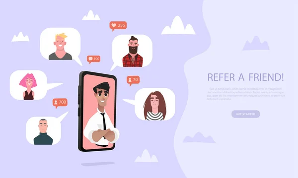 Arkadaş konsepti illüstrasyonuna atıfta bulun. Arkadaşlarının listesi olan bir telefonu tutan karikatür elleri. Referans pazarlama stratejisi pankartı, iniş sayfası şablonu, ui, banner, broşür, web, poster.