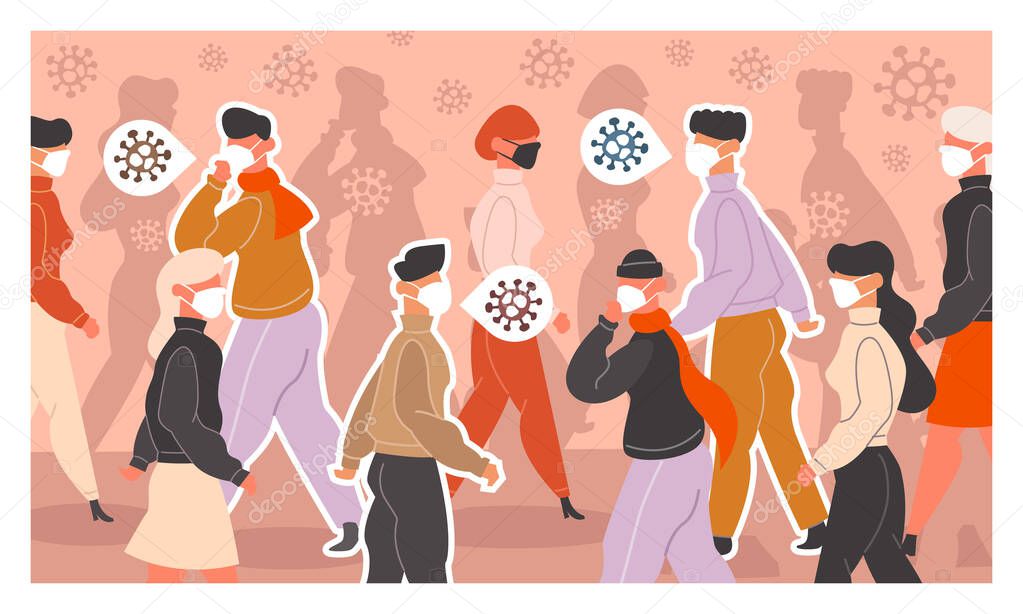 Crowd of people wearing face medicine sterile masks. Infected people among a crowd. Men, women use personal protective equipment. Coronavirus epidemic, pandemic. Cartoon illustration for web banner