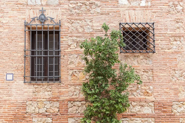 Arquitectura medieval. Pared apedreada con dos ventanas con barras y arbusto verde . — Foto de Stock