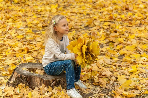 Маленька дівчинка з букетом осіннього листя . — стокове фото