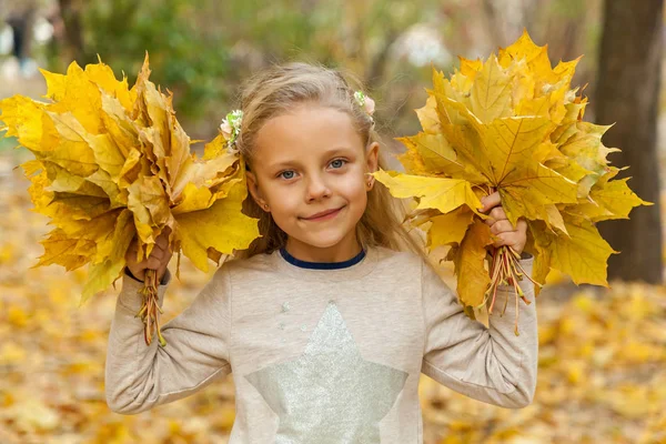 Маленька дівчинка з букетом осіннього листя . — стокове фото
