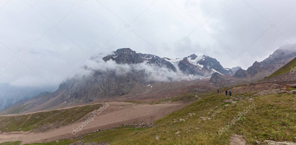 Kazakhstan mountains. Cloudy mountains of Medeu in Kazakhstan, 