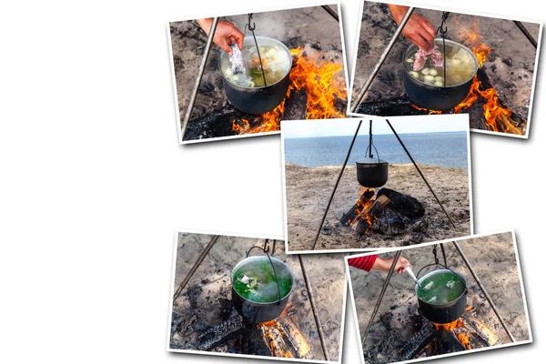 Колаж рибний суп приготування — стокове фото