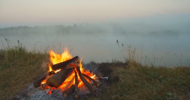Hoří Řeky Oheň Břehu Řeky Časného Mlhavého Rána Vysokém Písečném — Stock video