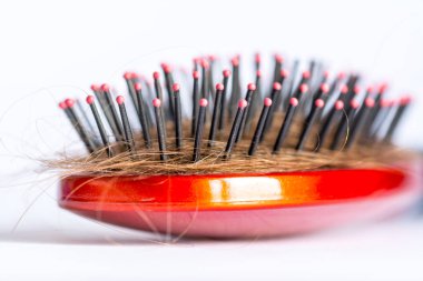Comb hair with tufts, bundle of hair, lots of hair on the hairbrush close up on a white background clipart