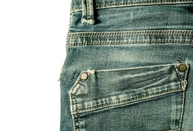 Cep dikiş mavi kot pantolon vintage tarzı yakın çekim izole beyaz arka plan üzerinde geri