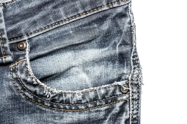 Front pocket stitching blue jeans close-up isolated on white background — Stock Photo, Image