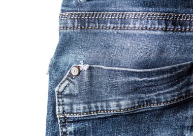 Cep dikiş mavi kot pantolon vintage tarzı yakın çekim izole beyaz arka plan üzerinde geri