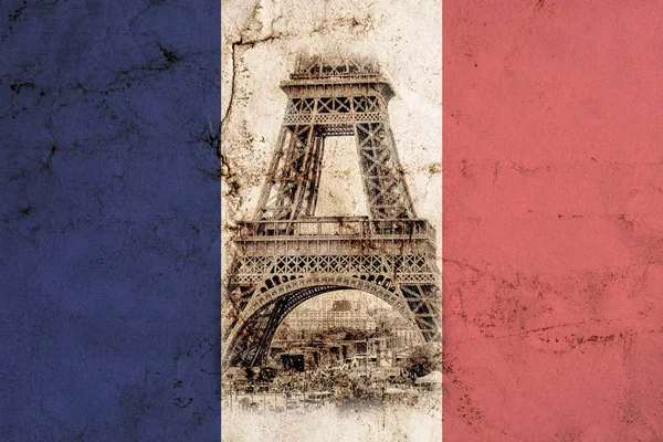 巴黎埃菲尔铁塔的法国国旗背景的颜色。老式的视图。游览埃菲尔旧复古风格照片与裂缝弄皱的纸. — 图库照片