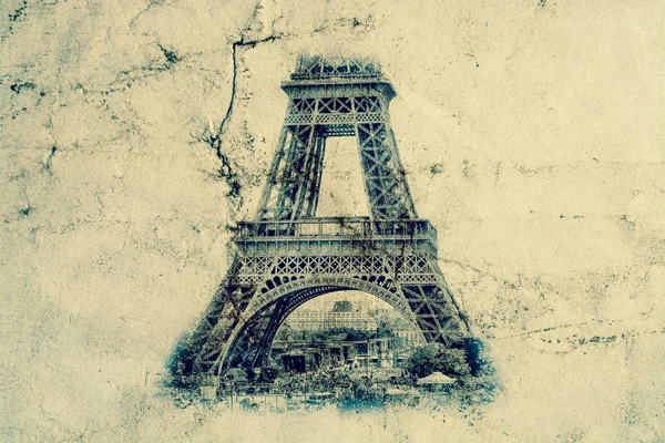Torre Eiffel em Paris. Fundo de vista vintage. Tour Eiffel foto estilo retro velho com rachaduras de papel amassado . — Fotografia de Stock