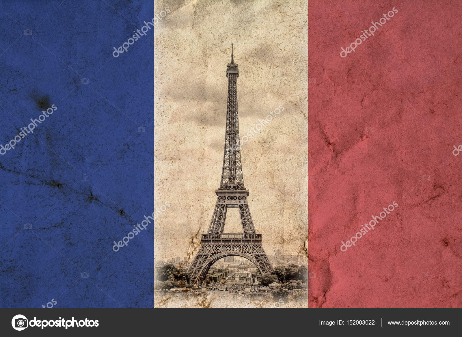 フランス国旗の背景の色でパリのエッフェル塔 ヴィンテージ ビュー ツアー エッフェル古いレトロなスタイル写真とき裂のしわくちゃの紙 ストック写真 C Antondeposit