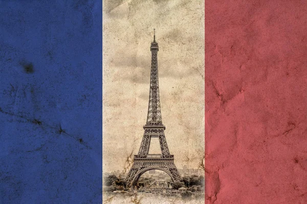 Eiffel Tower in Paris in the colors of the French national flag background. Vintage view. Tour Eiffel old retro style photo with cracks crumpled paper. — Stock Photo, Image