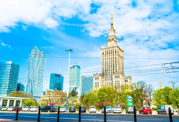 Warsaw, Poland  May 06, 2017: Panorama of Warsaw with modern skyscrapers on a sunny day with a blue sky overlooking the Palace of Culture. The tallest building in Poland - 234 meters. — Stock Photo, Image