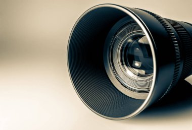 Bir Slr kamera yakın çekim makro lens. Eski retro tarzı vintage fotoğraf.