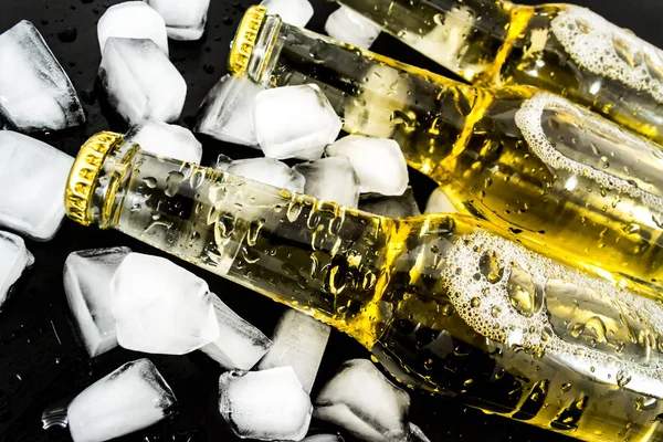 Cerveja em garrafas com bolhas em cubos de gelo closeup em um fundo escuro — Fotografia de Stock