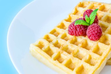 Ahududu ile tatlı tost waffle ve mavi bir arka plan üzerinde beyaz tabak yakın çekim makro üstüne nane fışkın yaprak