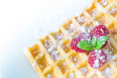 Tatlı tost gözleme kahvaltı nane yaprakları en iyi makro yakın çekim beyaz arka plan üzerinde fışkın ve ahududu ve pudra şekeri ile