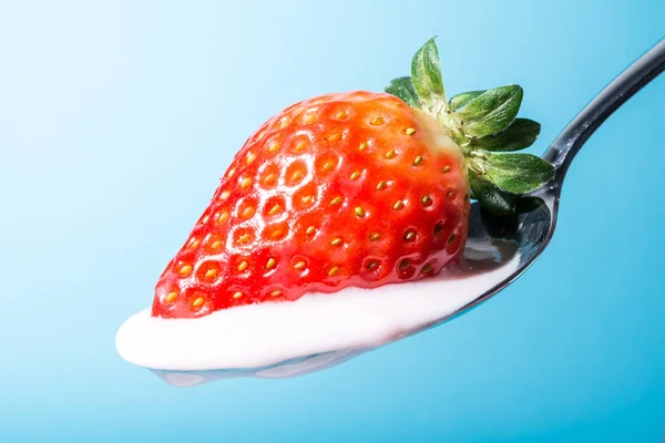 Fragola su un cucchiaio con crema di yogurt rosa fragola primo piano su sfondo blu — Foto Stock