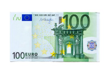 100 Euro 'luk banknot beyaz arka planda izole edilmiş.