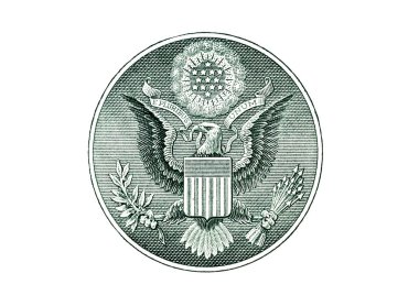 Beyaz arka planda izole edilmiş 1 dolarlık bir Amerikan banknotunun kartal makrosu. Bir dolarlık banknotun ayrıntıları. Büyük büyük boyut.