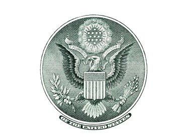 Beyaz arka planda izole edilmiş 1 dolarlık bir Amerikan banknotunun kartal makrosu. Bir dolarlık banknotun ayrıntıları. Büyük büyük boyut.