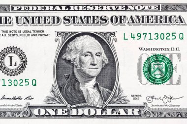 George Washington 'ın bir Amerikan banknotundaki yakın plan portresi..