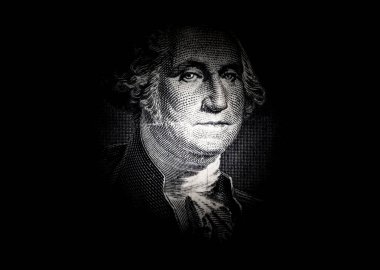 George Washington 'ın portresi, siyah arka planda 1 dolarlık banknot makrosu üzerinde.