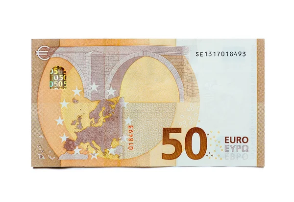 Beyaz arka planda 50 Euro 'luk yakın çekim izole edilmiş.