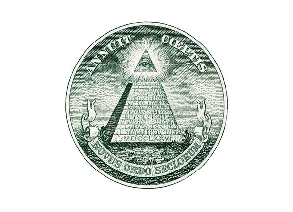 Pyramid macro close-up on a banknote of 1 US dollars isolated on a white background. Detail of one dollar bill. Big large size.