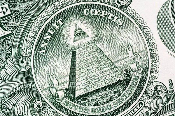 Pyramid macro close-up on a banknote of 1 US dollars. Detail of one dollar bill. Big large size. — Stock Photo, Image